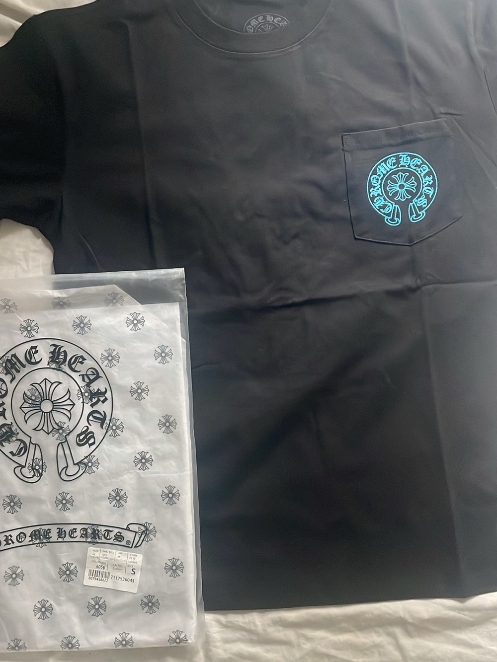 Chrome Hearts Black Kids Short Sleeve Pocket Tee with Turquoise Logo